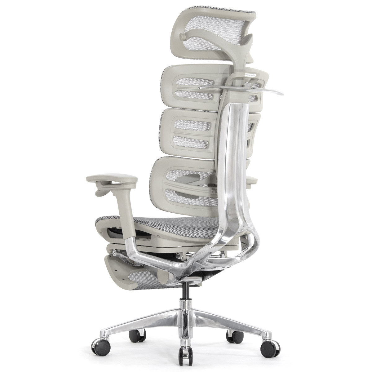 Эргономичное кресло Falto Evolution с подножкой (тихие вставки, управление на подлокотниках, сетка, серый)
