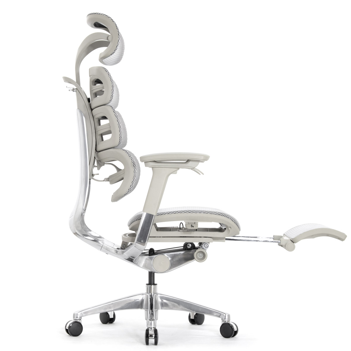 Эргономичное кресло Falto Evolution с подножкой (тихие вставки, управление на подлокотниках, сетка, серый)
