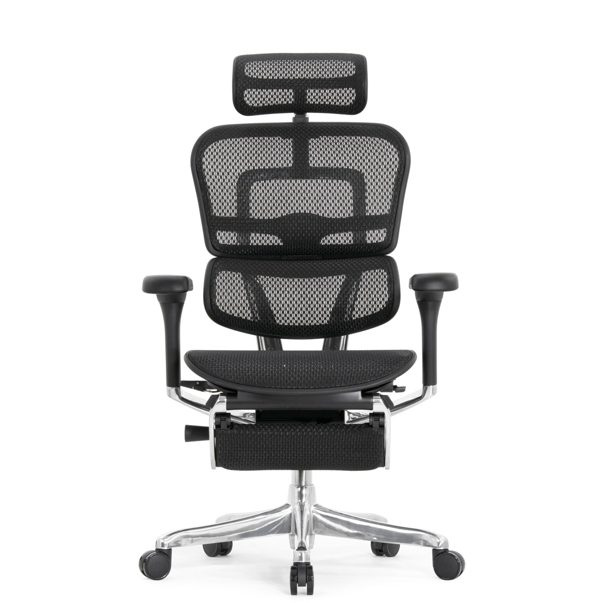 Эргономичное кресло Falto Ergohuman 2 Elite с подножкой (алюминий, наклон вперёд, сетка, чёрный)